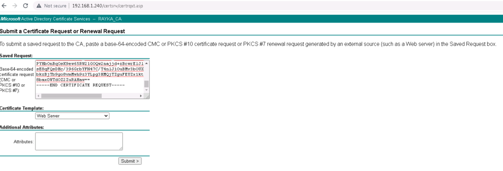 Request Server Certificate from Microsoft CA using generated CSR