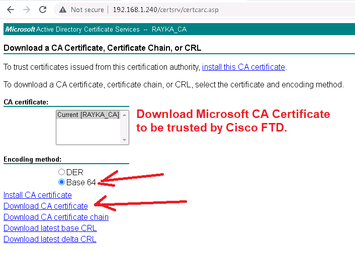 Download Microsoft CA Certificate to be trusted by Cisco Firepower