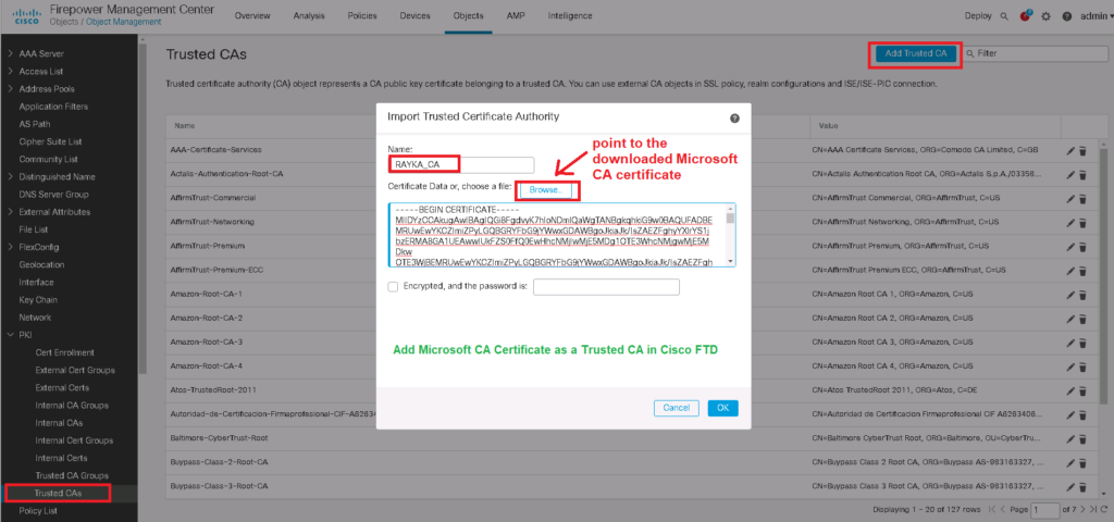 Add Microsoft CA certificate as a Trsuted CA in Cisco Firepower