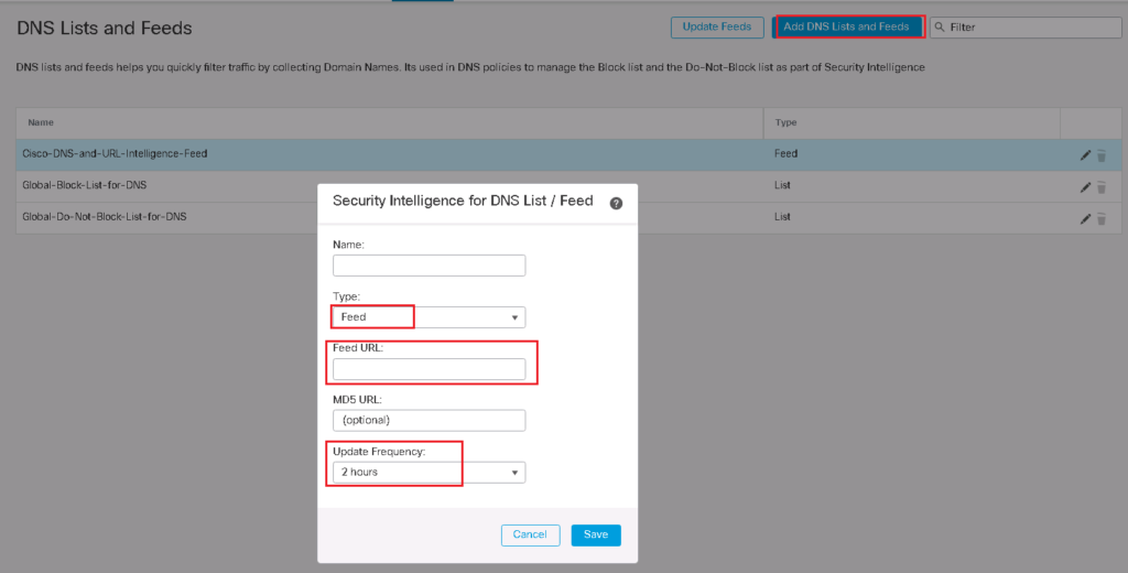 security intelligence DNS custom feed