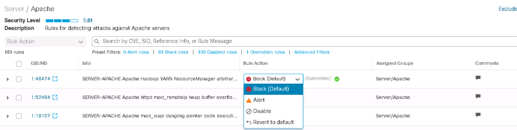 change the action of each rule in Cisco firepower IPS policy