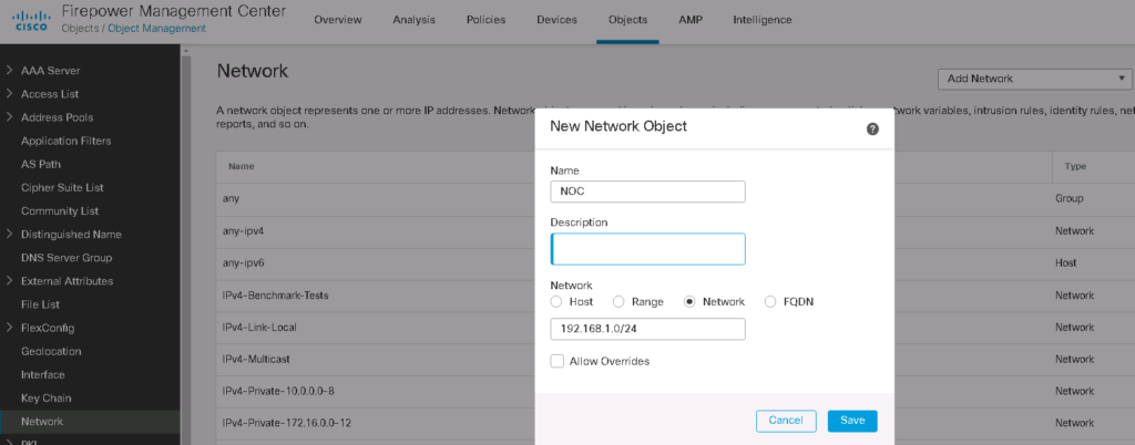 configure a network object for NOC users