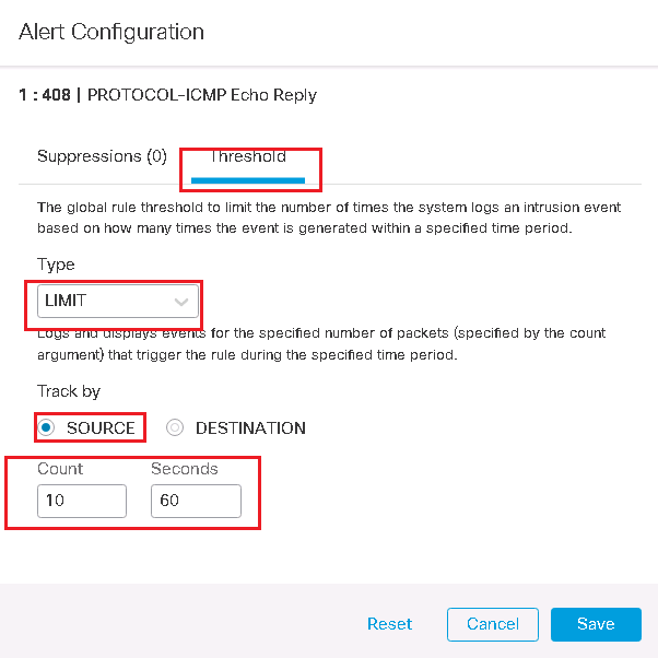 Cisco Firepower IPS rule Alert Configuration_ threshold LIMIT parameter