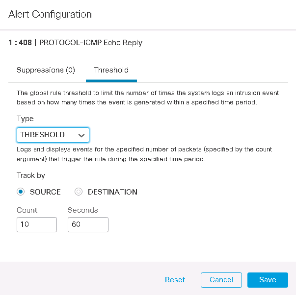 Cisco Firepower IPS rule Alert Configuration_ threshold parameter
