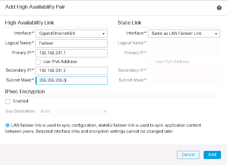 add failover and state link in FTD HA configuration