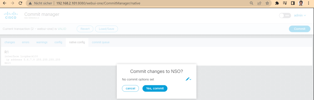 commit configuration changes in cisco NSO web GUI