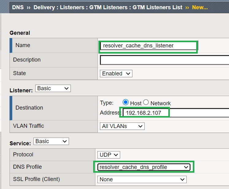 create DNS Listener with Rsolver Cache DNS Profile