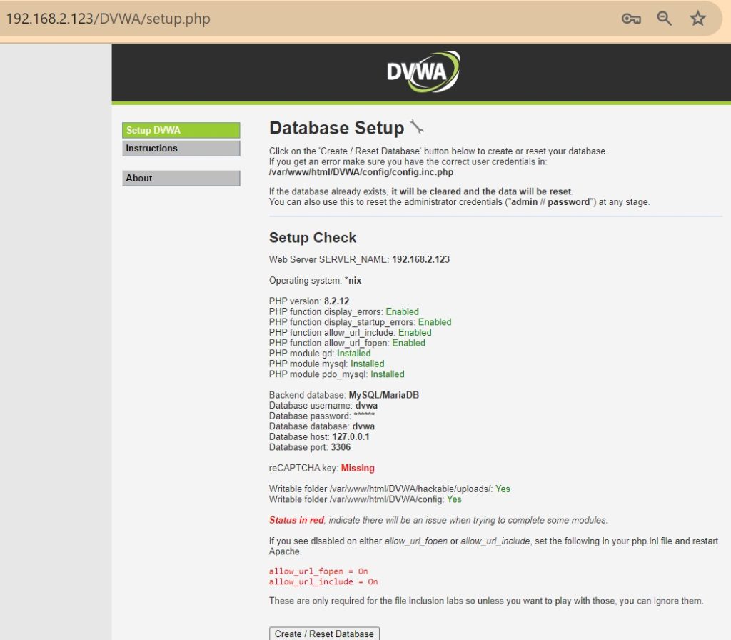 first connection to DVWA web application