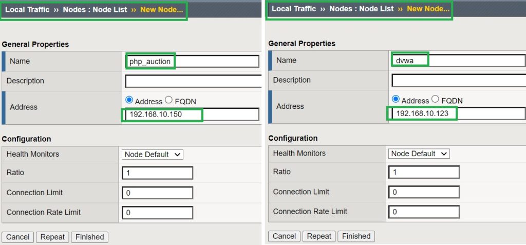 configure LTM nodes for vulnerable web applications