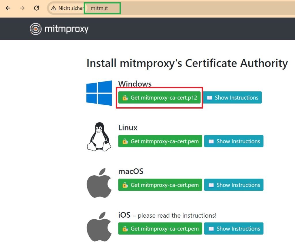 check if traffic goes through proxy and install mitmproxy certificate as a trusted certificate