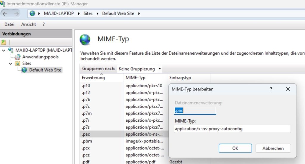 add MIME Type x-ns-proxy-autoconfig within IIS default website