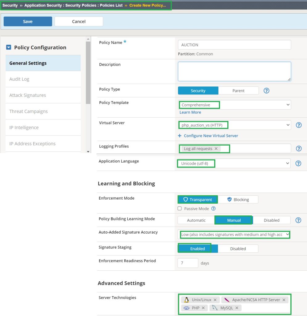 create security policy and assign it to auction web application