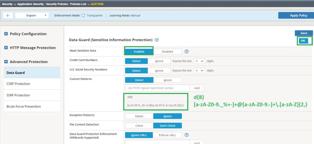 enable data guard in F5 AWAF