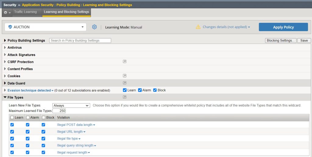 change file type learning mode to always and enable learn alarm and block for file types