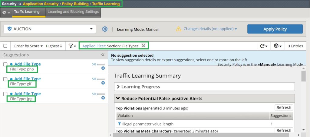 file type learning after traffic generation