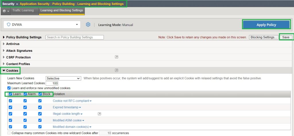 enable learn_alarm and block for cookie violations in learning and blocking setting