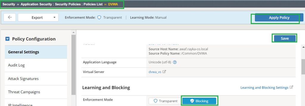 change security policy from transparent to blocking