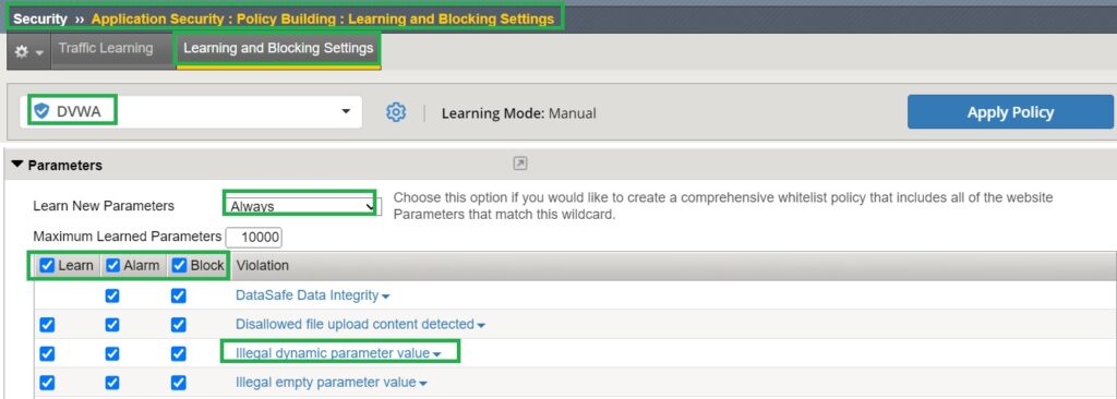 change parameter learning mode to always and enable illegal dyanmic parameter lerning and blocking and alarm