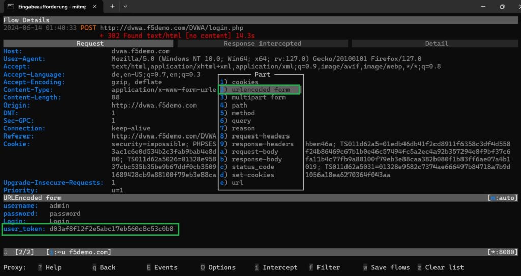 login to DVWA and intercept and change the content of user token