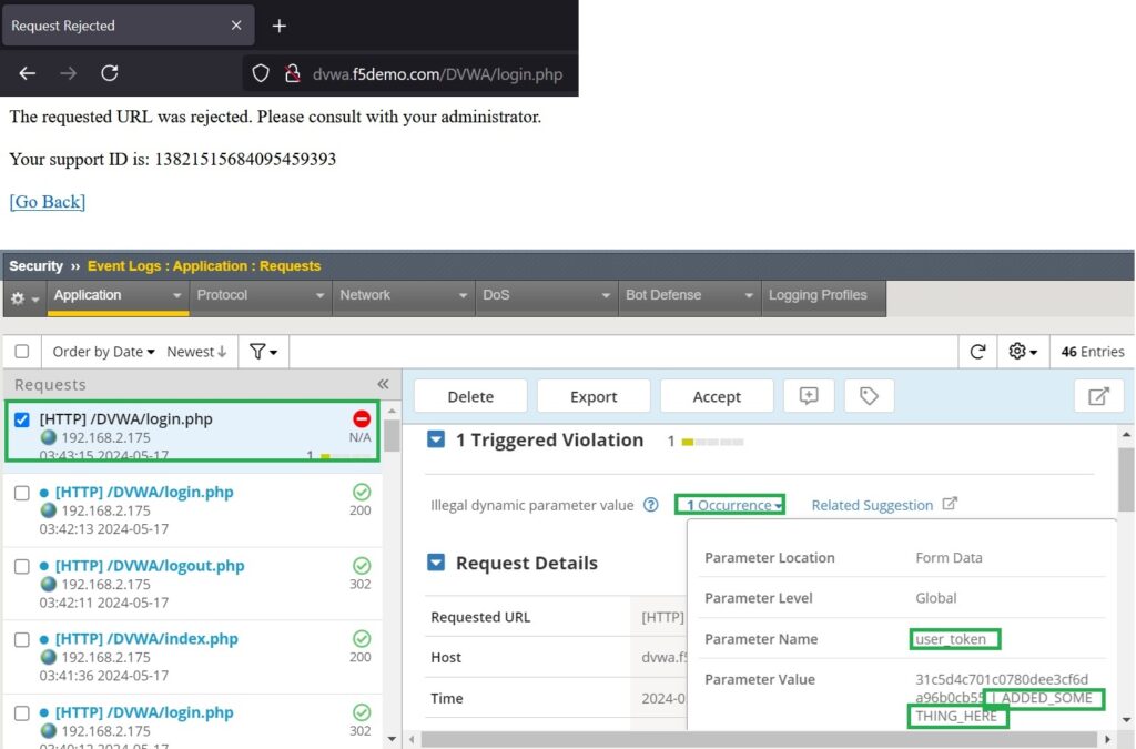 traffic to web applicationis blocked because of illegal dynamic parameter value