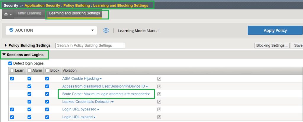 enable alarm and block for brute force in learning and blocking settings