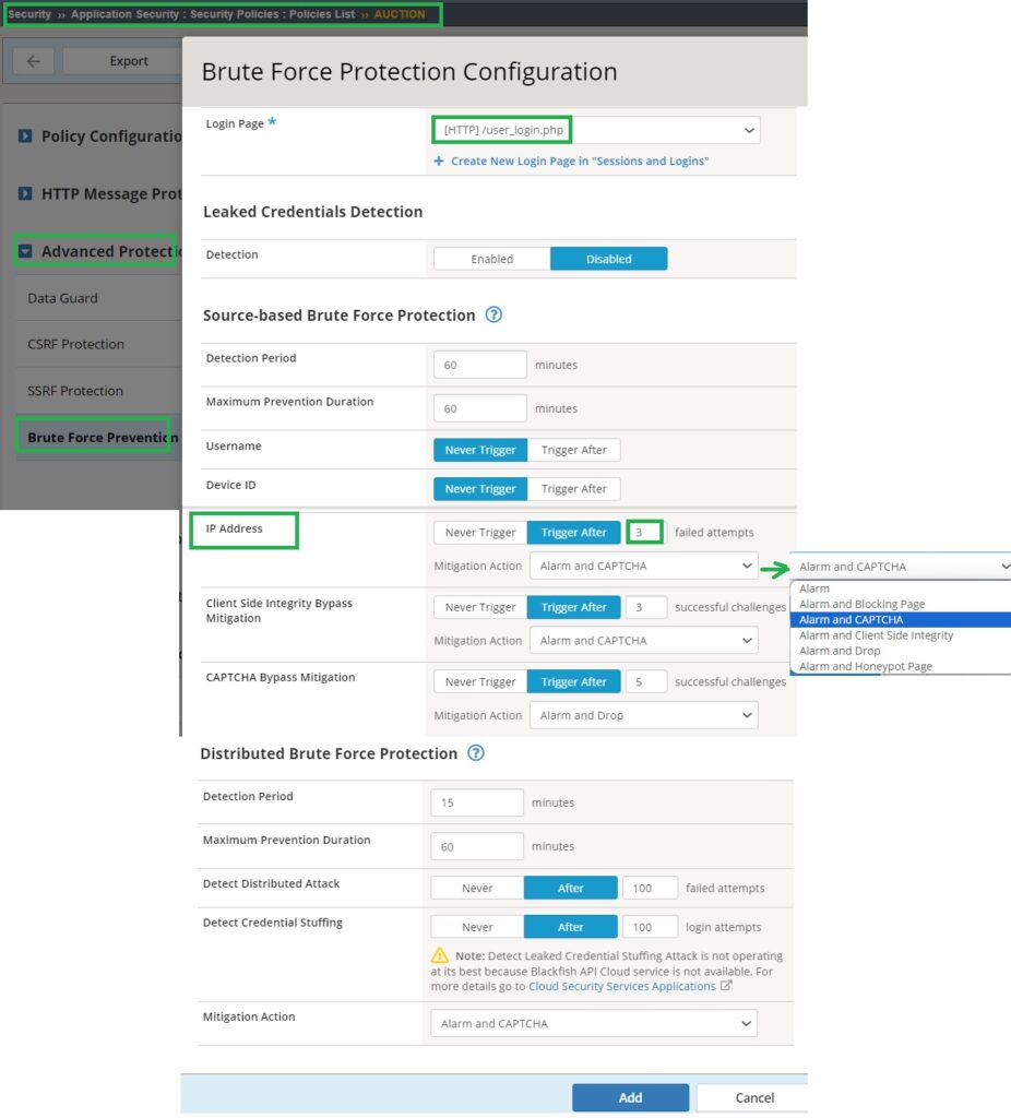 configure brute force protection and set action to alarm and captcha