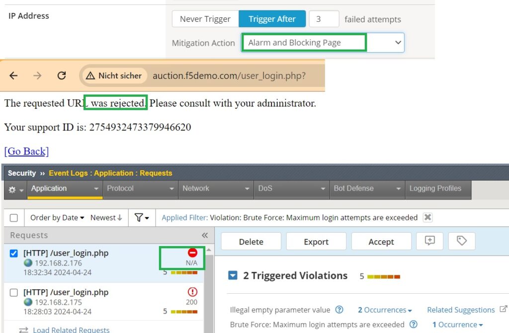 the result of faild logins with alarm and blocking page as brute force mitigation action