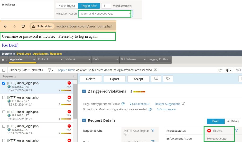 the result of faild logins with alarm and honeypot page as brute force mitigation action