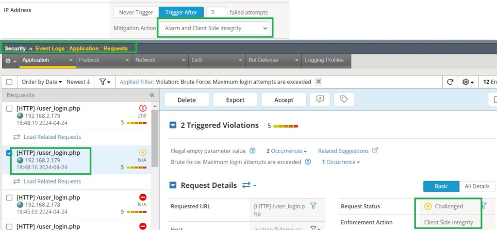 the result of faild logins with alarm and client side Integrity as brute force mitigation action