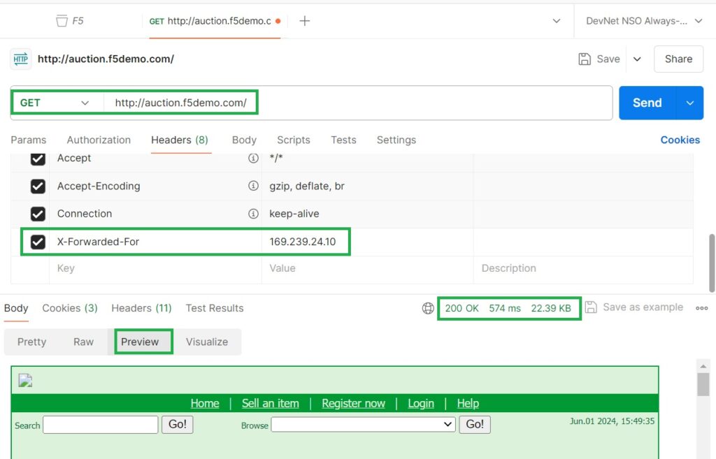 Generate an HTTP request with XFF header with the IP address of Zimbabwe via Postman