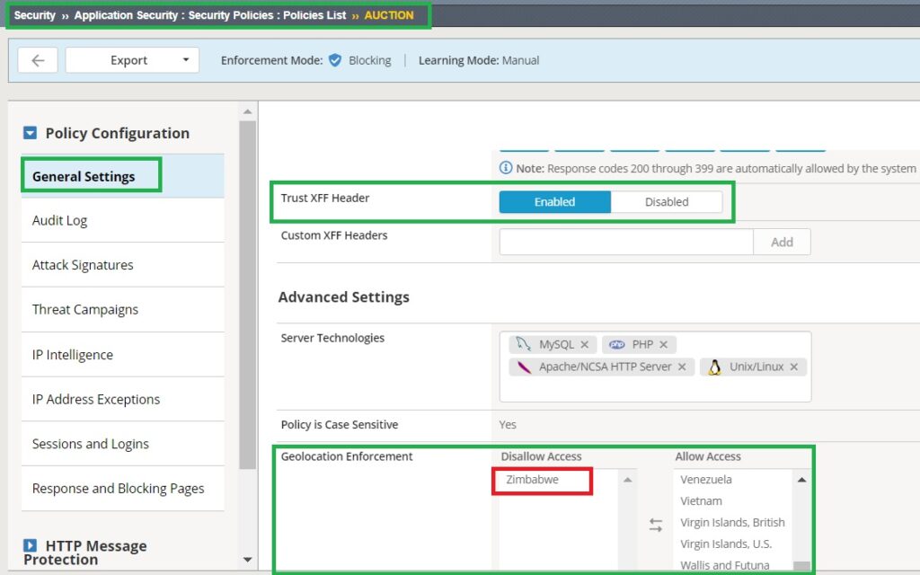 trust XFF header and enable geolocation enforcement in F5 AWAF security policy