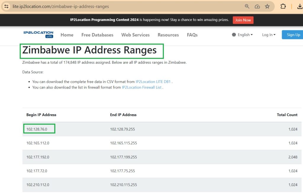 Zimbabwe IP address ranges