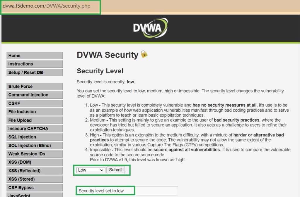 set DVWA security level to low