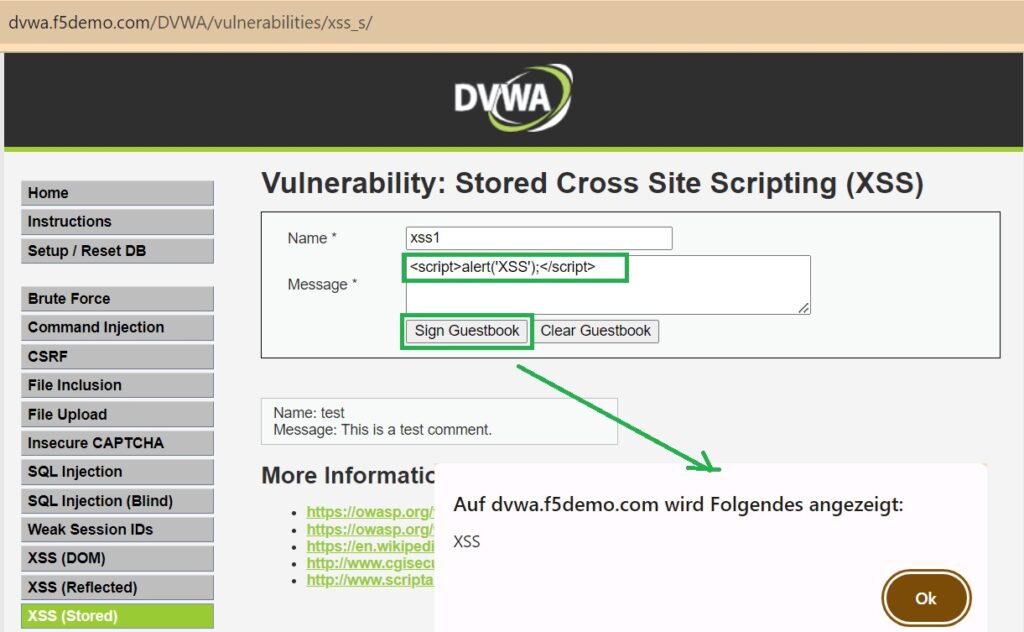 send malicious script through XSS stored in DVWA