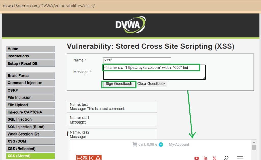 send malicious iframe through XSS stored in DVWA