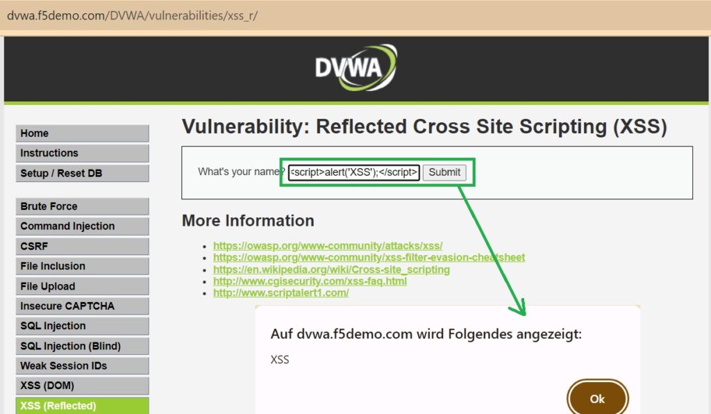 use reflected XSS to send malicious script in DVWA