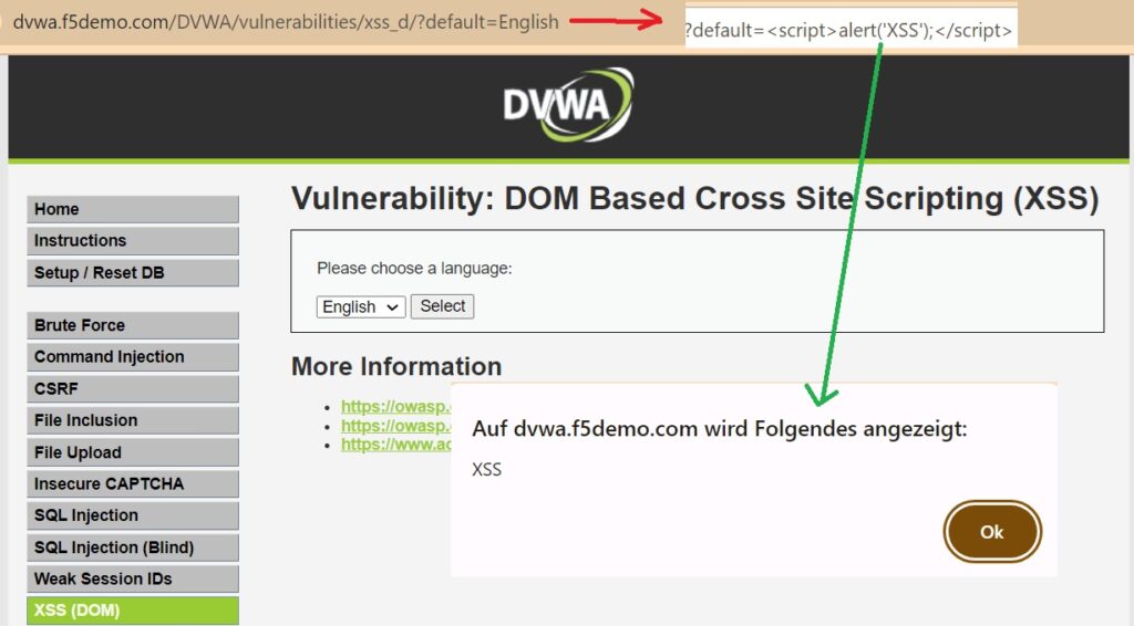 use XSS DOM to send malicious script trough URL parameter