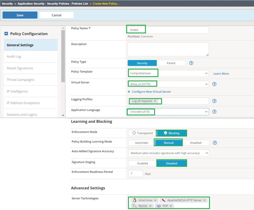 secure DVWA web application with a security policy