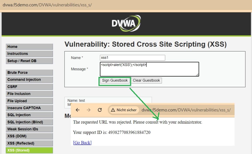 regenerate XSS attack after DVWA is protected with F5 AWAF security policy