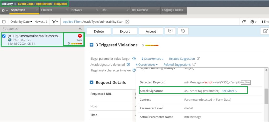 The result of an XSS attack on the secure DVWA web application