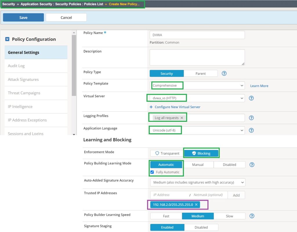 create security policy with automatic policy building learning mode and trusted IP address