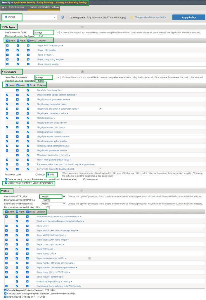 configure learning and blocking setting for file type and parameters and URL