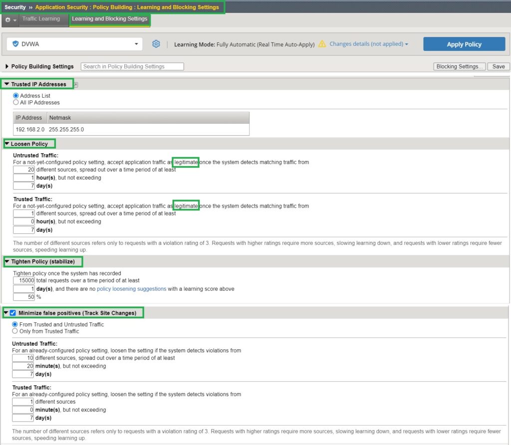 configure automatic policy building parameters