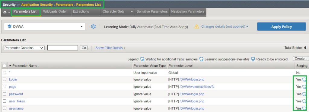 list of Parameters learned and added to policy automatically