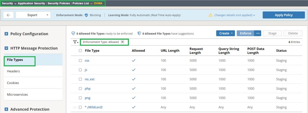 list of File Types learned and added to policy automatically