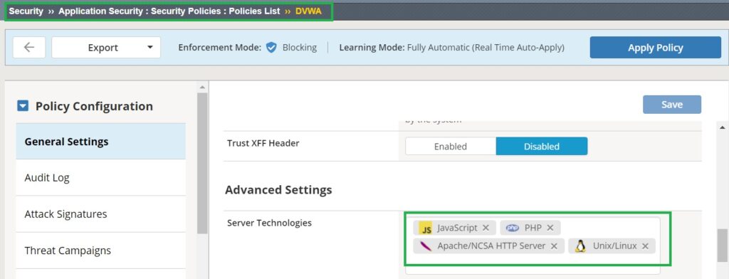 list of Server Technologies learned and added to policy automatically