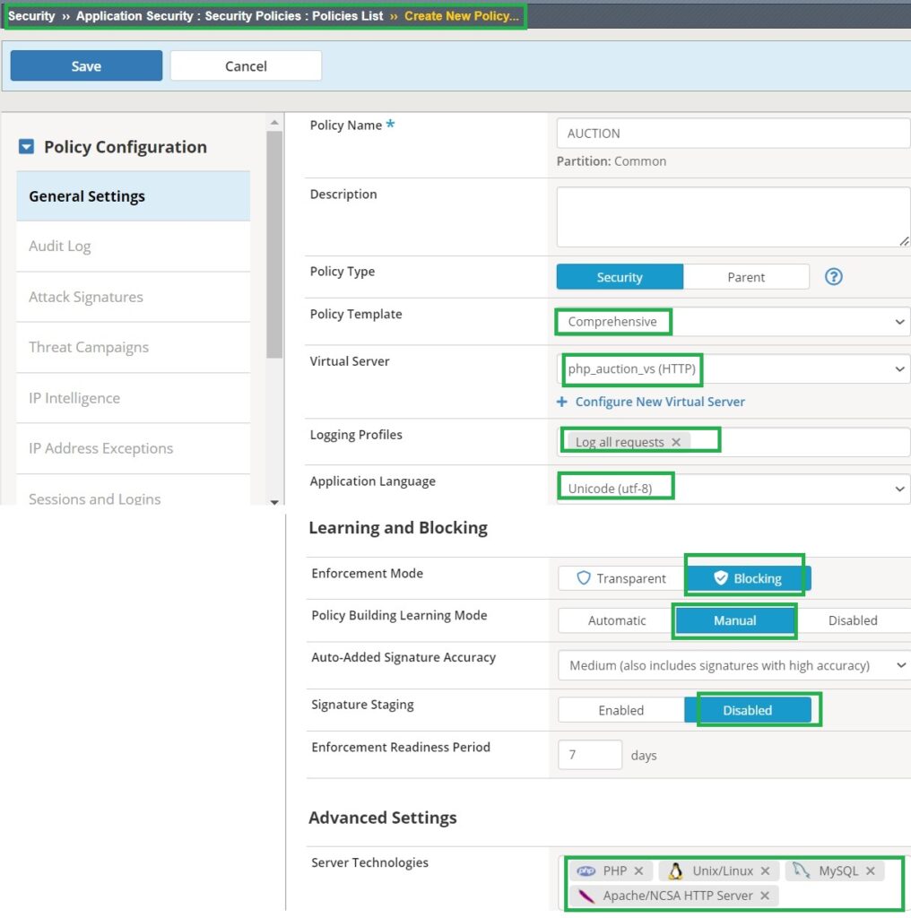 create an application security policy based on comprhensive security template