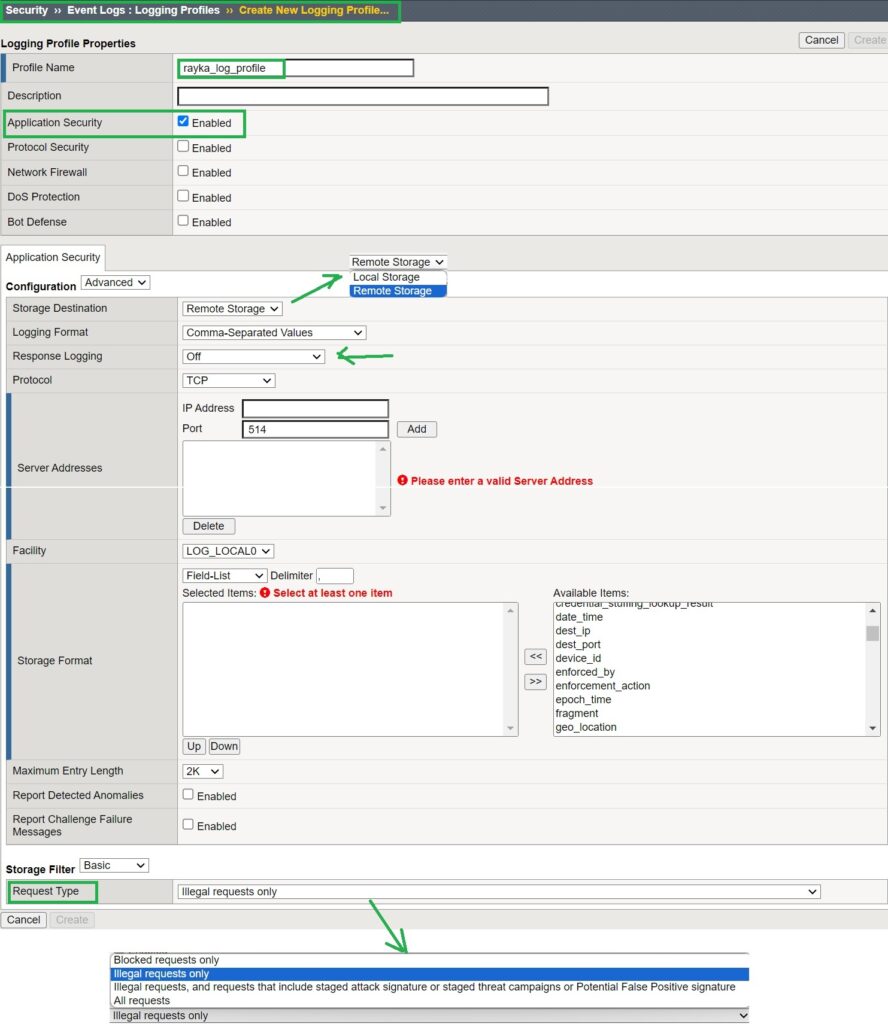 create logging profile in F5 AWAF