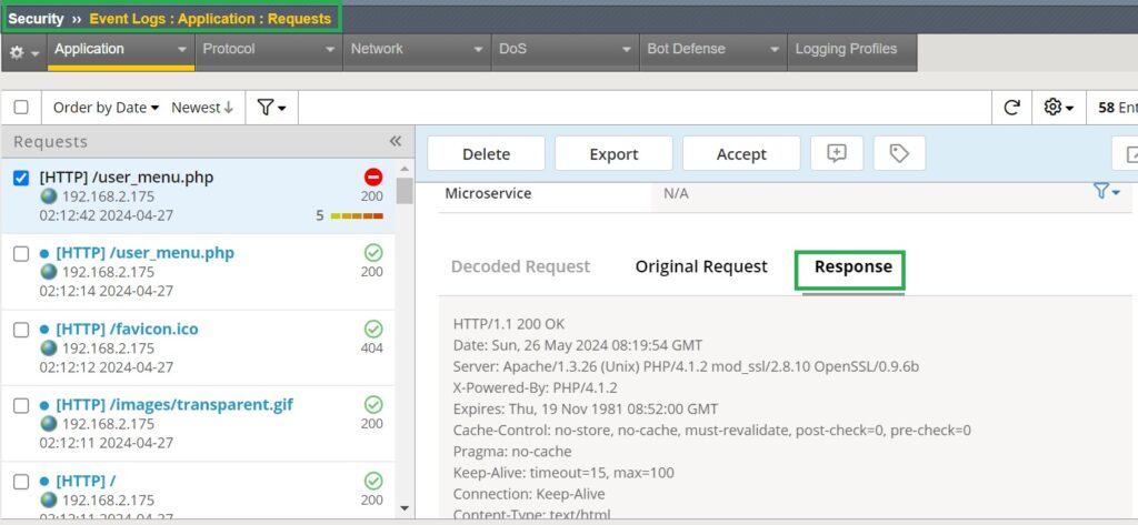 check if response traffic is logged in web application event logs