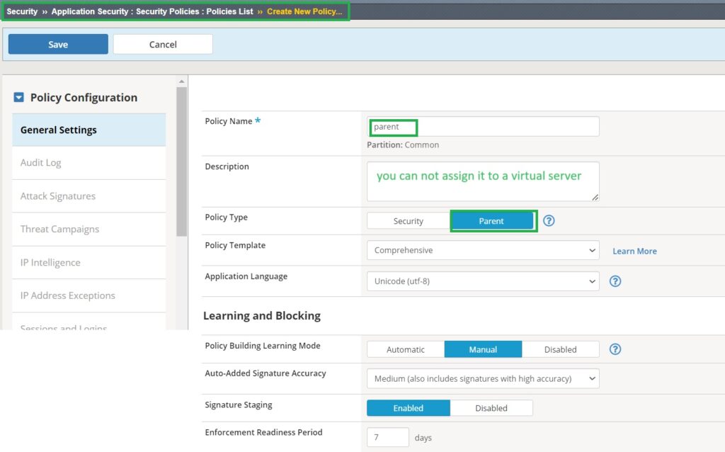 create a security policy with parent policy type in F5 AWAF